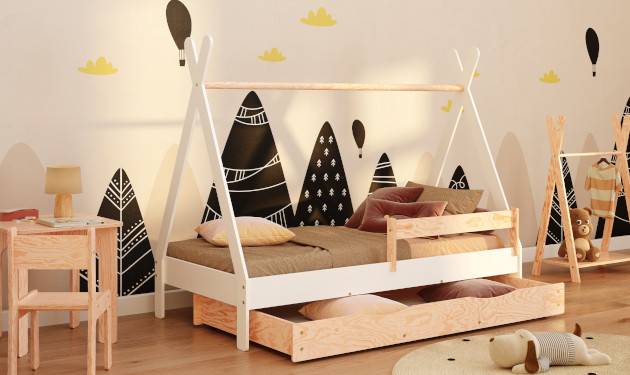 Hausbett im TIPI-Stil mit Schublade aus Kiefernsperrholz in Weiß
